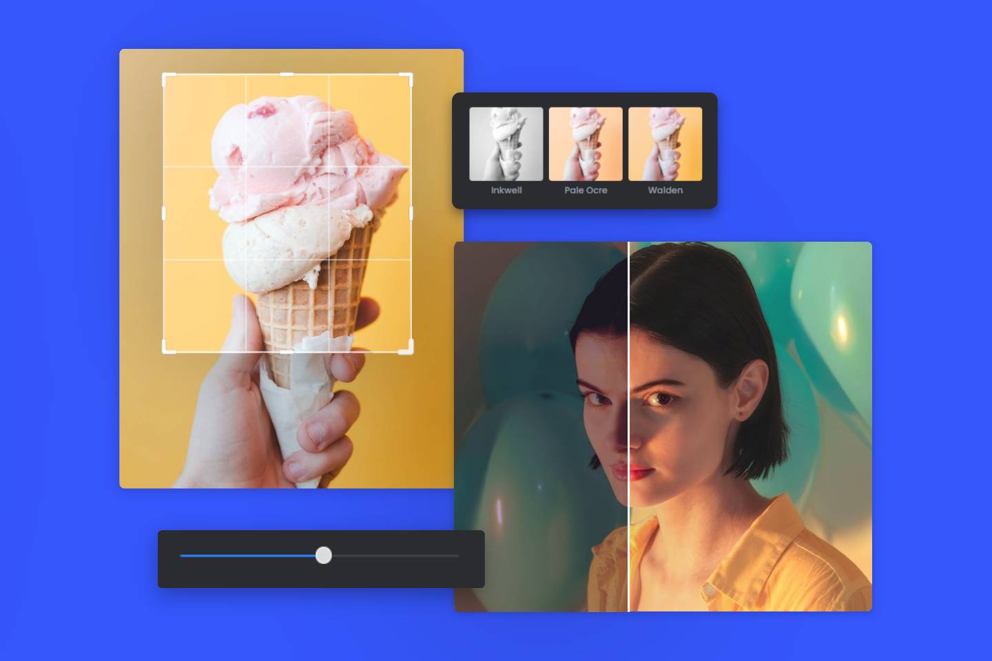 Add aesthetic filter to a woman portrait and enhance an icecream image on fotor