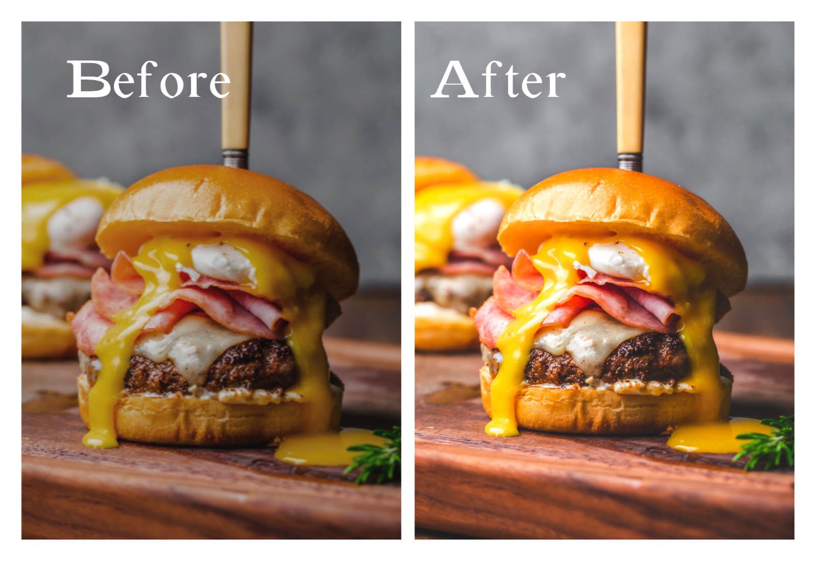 Before and after editing a photo of tasty burger
