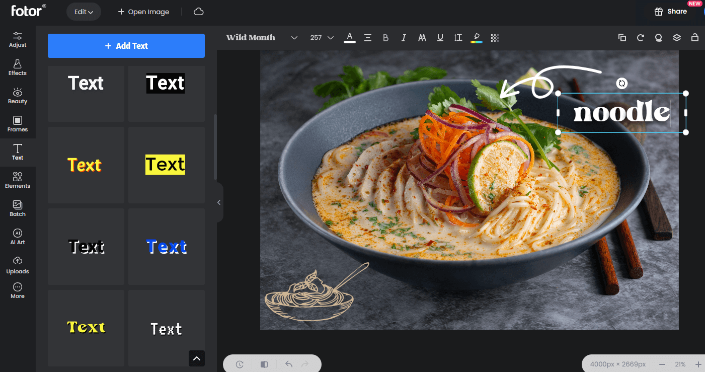 add text to food image with fotor