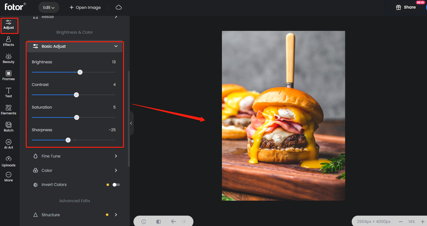 Make some basic changes on photo with fotor